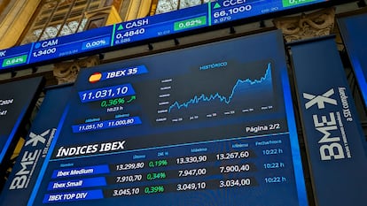 Panel informativo con la evolución del Ibex 35 en la Bolsa de Madrid