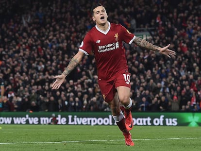 Coutinho celebra un gol con el Liverpool.