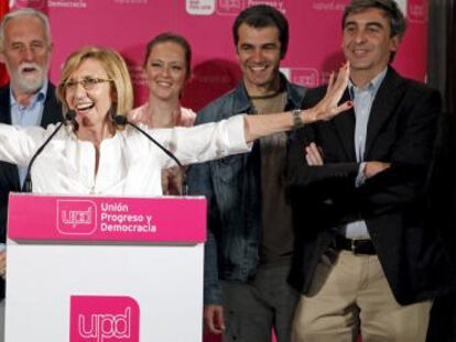 La presidenta de UPyD, Rosa Díez, en su comparecencia tras conocer los resultados electorales.