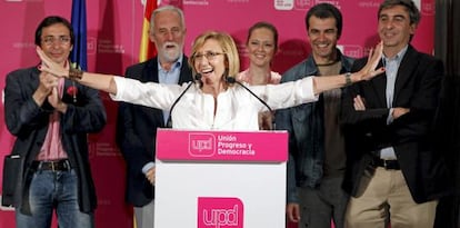 La presidenta de UPyD, Rosa Díez, en su comparecencia tras conocer los resultados electorales.