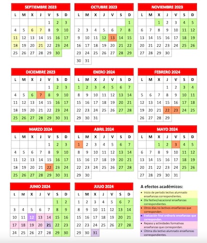 Calendario para el curso escolar 2023-2024 en la Comunidad de Madrid.