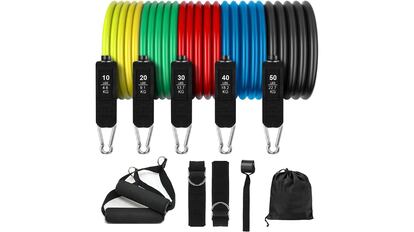 Kit de bandas de resistencia con accesorios para hacer ejercicios fitness en casa y seguir una operación bikini con entrenamientos de musculación