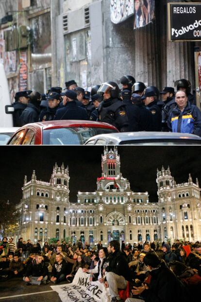 Arriba, los antidisturbios, delante del hotel Madrid. Abajo, la protesta en Cibeles, anoche.