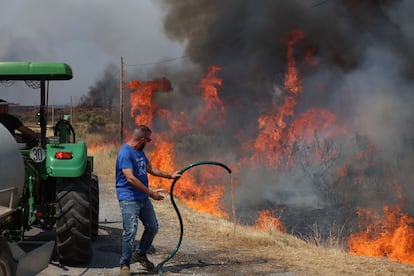 Una persona lucha contra las llamas del incendio de A Gudiña (Ourense), este jueves.