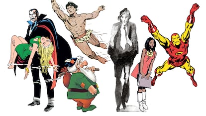 De izquierda a derecha, Drácula (Panini), Bermudillo (Dolmen), Tarzán (Yermo), 'Informe sobre ciegos' (Yermo), Friday Foster (Norma) y Iron Man (Marvel/Panini).