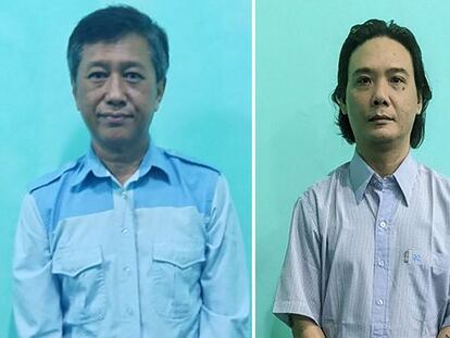 El opositor Kyaw Min Yu, 'Jimmy' (izquierda), y el antiguo parlamentario Phyo Zeya Thaw, dos de los cuatro ejecutados, según la prensa birmana, en imágenes difundidas por la junta militar de Myanmar.