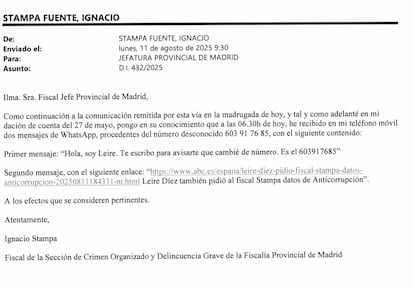 'Email' del fiscal Stampa a la fiscal jefe provincial de Madrid.