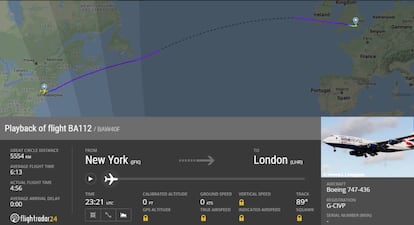 Imagen capturada de Flichtradar24 sobre el vuelo de British Airways.