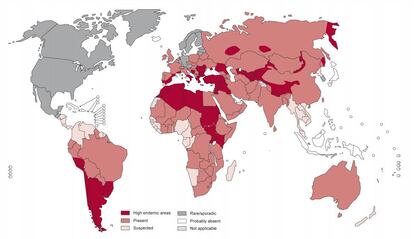 Distribución de la equinococosis en el mundo en 2011. Fuente OMS