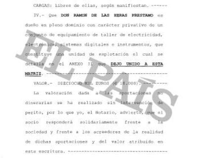 Fragmento de la escritura notarial de constitución de la empresa EATC, en el que aparece la aportación en especies de Ramón de las Heras.