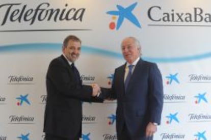 El presidente de Telef&oacute;nica Espa&ntilde;a, Luis Miguel Gilp&eacute;rez, y el vicepresidente y consejero delegado de CaixaBank, Juan Mar&iacute;a Nin.