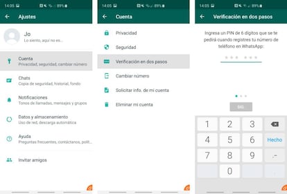 Configuración de la verificación en dos pasos de WhatsApp.