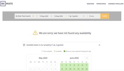 Web de reservas de Be Mate, bloqueada este miércoles a última hora de la tarde.