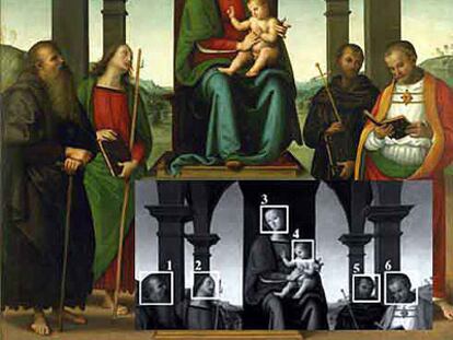 <i>Madonna con niño,</i> de Perugino, aunque sólo pintó las cabezas de la virgen y las dos de su derecha.Hany Farid.