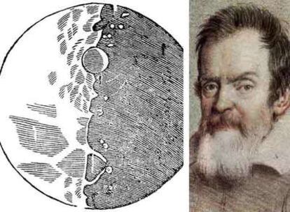 Arriba, primera acuarela lunar de Galileo y retrato del científico; abajo, portada del <i>Sidereus N</i>uncius.