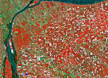 La ciudad y el campo a un estrecho de distancia, el que forma el río Detroit entre los lagos St. Clair (al norte) y Erie (al sur), frontera natural entre Estados Unidos y Canadá. A la izquierda del cauce se observa la cuadrícula urbana de Detroit, una de las grandes urbes estadounidenses; enfrente, se expande la zona agrícola que rodea la localidad canadiense de Windsor, una vasta extensión de terreno dividida en amplios cuadrados ('townships') que imitan las antiguas granjas de la región, establecidas por los colonos franceses desde 1749.