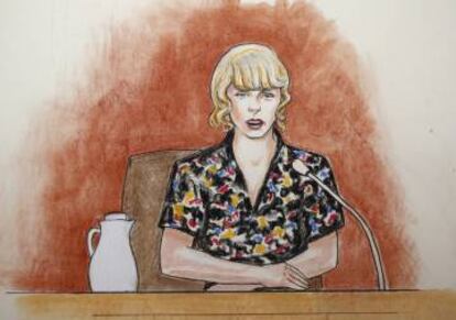 La cantanteTaylor Swift en una reproducción gráfica del juicio celebrado en Denver contra su supuesto acosador sexual el pasado jueves.