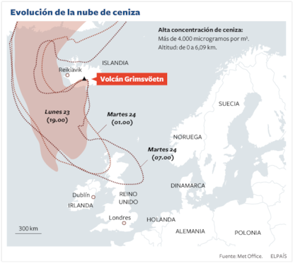 Evolución de la nube ceniza procedente del volcán Grimsvötn (Islandia)