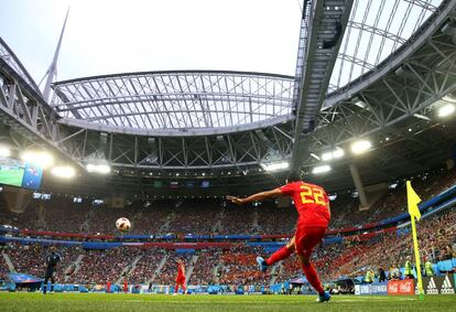 Nascer Chadli cobra um escanteio no estádio de São Petersburgo, em 10 de julho de 2018.