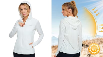 chaqueta deportiva con capucha para mujer y factor de protección solar elevado.
