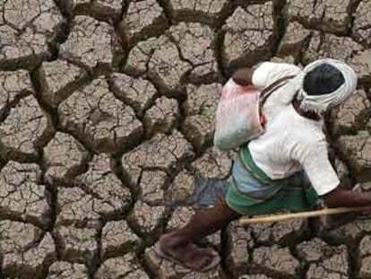 Un pastor camina a través del fondo del embalse de Himayatsagar, seco y cuarteado por la sequía, en Hyderabad, capital del Estado de Andhra Pradesh (India).