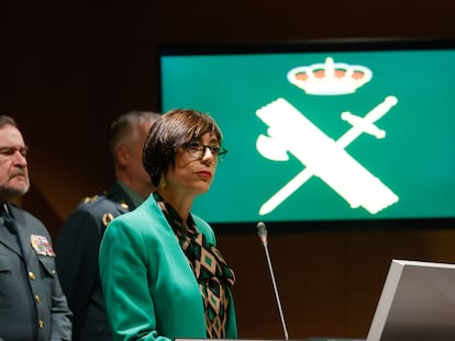 La directora general de la Guardia Civil, la malagueña María Gámez, comparece este miércoles ante la prensa para informar que ha presentado su dimisión al ministro del Interior, Fernando Grande-Marlaska.