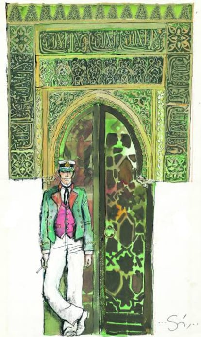 Una ilustración de Corto Maltés, dibujada por Hugo Pratt.
