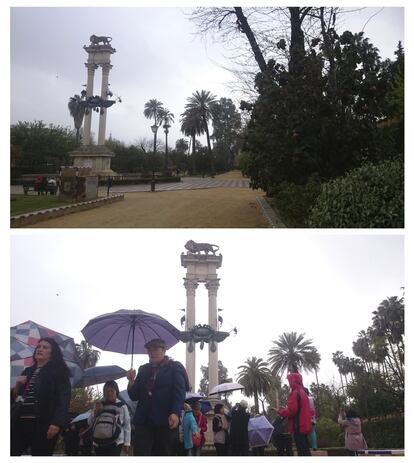 En este caso se han cambiado los conceptos. Mientras el turista ha optado por desplazar el monumento escultórico para abarcar más espacio de los Jardines de Murillo, el fotógrafo ha compuesto la imagen dejando centrado el elemento principal. Como el día era lluvioso, ha preferido dar protagonismo a los turistas que rodean el momumento y dar color a la imagen con los paraguas que portaban. Al dejar en el centro el monumento, es muy importante que aparezca totalmente vertical.