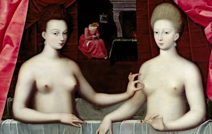 Gabrielle d'Estrées y su hermana' (Anónimo). Ejemplo de erotismo de la Segunda Escuela de Fontainebleau, siglo XVI