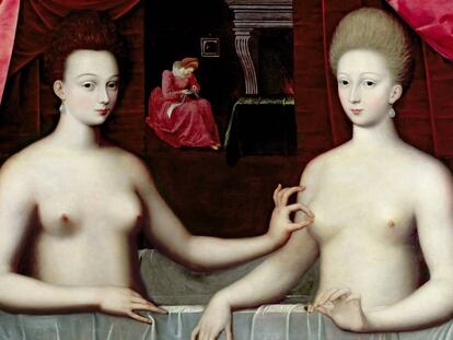 Gabrielle d'Estrées y su hermana' (Anónimo). Ejemplo de erotismo de la Segunda Escuela de Fontainebleau, siglo XVI