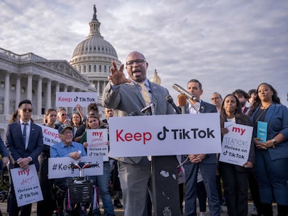 Representative Jamaal Bowman leads a rally to defend TikTok at the Capitol in Washington, on March 22, 2023.