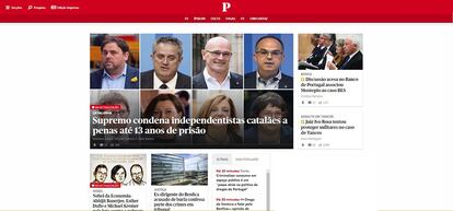 Público, en Portugal, abre su portada con la sentencia y un mosaico de los condenados. El diario progresista destaca en su información la reacción del presidente del Gobierno, Pedro Sánchez, y las manifestaciones en Cataluña.