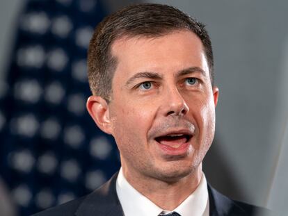 Transportation Secretary Pete Buttigieg is interviewed, Wednesday, May 10, 2023, at the Department of Transportation in Washington. Buttigieg says Tesla shouldn’t call its partially automated driving system Autopilot because the cars can’t drive themselves.