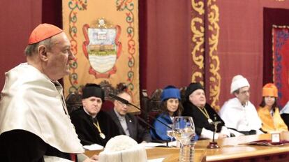 Gianfranco Ravasi, durante su discurso tras ser investido doctor honoris causa por la Facultad de Teología de la Universidad de Deusto. 