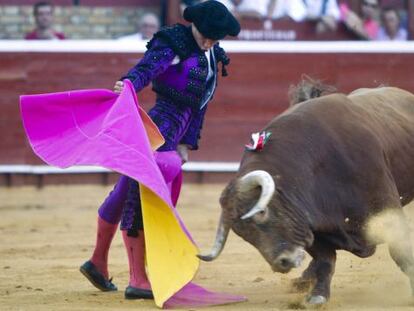 El Juli recibe con el capote a uno de los toros que lidi&oacute; ayer.