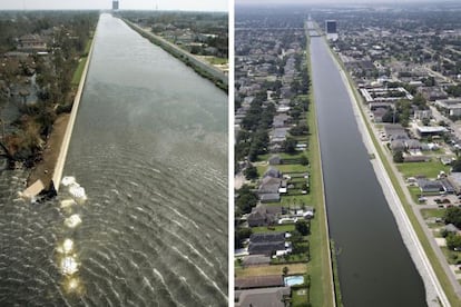 El canal de la calle 17 tras el paso del huracán (i) y ahora.