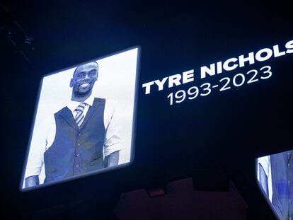 The screen at the Smoothie King Center in New Orleans honors Tyre Nichols before an NBA basketball game between the New Orleans Pelicans and the Washington Wizards, in January 2023.