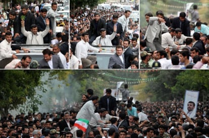 Secuencia de imágenes en las que se ve como el presidente de Irán saluda a sus seguidores en Hamadan, al tiempo que los guardaespaldas le rodean después de oír una explosión. En la imagen de abajo, se puede apreciar el humo. (Fotos: AFP /REUTERS/ AP).