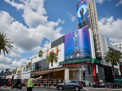 Streets are closed and traffic is diverted as preparations for the 96th annual Academy Awards red carpet begin in Los Angeles.