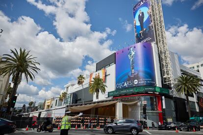 Streets are closed and traffic is diverted as preparations for the 96th annual Academy Awards red carpet begin in Los Angeles.