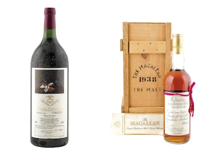 Dos de las últimas botellas subastadas en Durán: a la izda., una botella magnum Vega-Sicilia Único de 1963 que se vendió por 4.270 euros; a la dcha., ‘whysky’ The Macallan Single Highland Malt de 1938, que fue vendida por 4.880 euros.