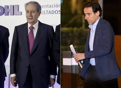 En la imagen, de izquierda a derecha: Juan Miguel Villar Mir (actual presidente del Grupo Villar Mir, la corporación que agrupa a todas sus empresas, incluida OHL) y Francisco Javier López Madrid, yerno de este, que es empresario y consejero delegado de la compañía OHL. Este último, fue detenido el pasado 20 de abril después de aterrizar en Barajas. Horas antes, la Guardia Civil había registrado la sede de la constructora en busca de datos de la obra del tren de las localidades madrileñas de Navalcarnero y Móstoles. El juez, después de prestar declaración, le dejó en libertad tras imponerle una fianza de 100.000 euros, que debe abonar antes del 28 de abril.