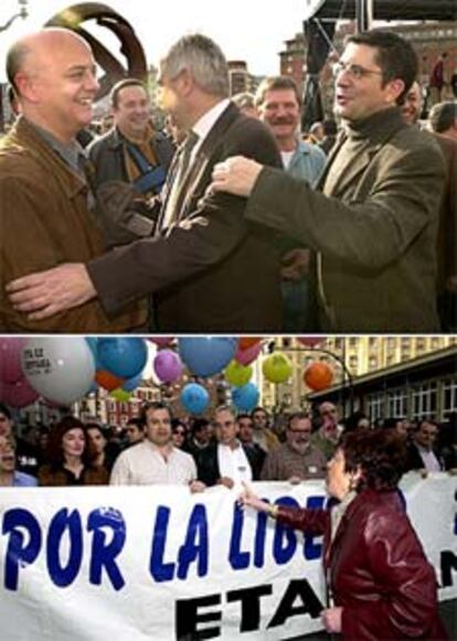 Pasqual Maragall saluda a Odón Elorza (arriba). En la otra imagen, una manifestante increpa a miembros de la plataforma ¡Basta Ya!