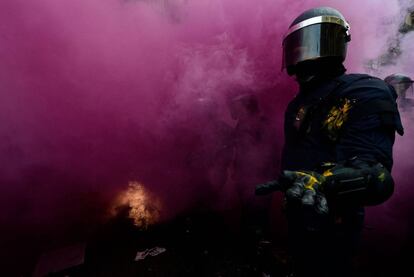 A riot police officer as a smoke bomb is thrown during the protest.