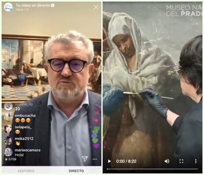 A la izquierda, el director del Museo del Prado Miguel Falomir conecta en directo desde Instagram para anunciar que el centro sigue abierto en Internet. A la derecha, uno de los contenidos en redes del museo, que muestra el proceso de restauración de un cuadro de Goya.