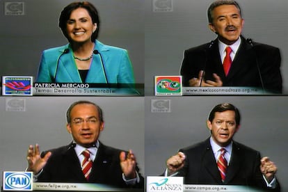 La pantalla dividida de los cuatro candidatos, sin López Obrador, en el debate del 25 de abril de 2006.