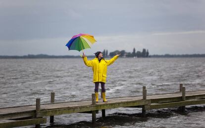 Una mujer con un chubasquero amarillo y un paraguas se protege de la lluvia en Steinhuder Meer, Alemania.