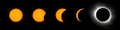 Montagem que mostra as diferentes fases do eclipse solar total em fotos feitas em Svalbard (Norueguesa).