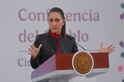 Claudia Sheinbaum en la conferencia matutina en Palacio Nacional, el 10 de julio.