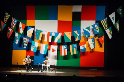 Singer-songwriters Caetano Veloso and Gilberto Gil play together in a concert held in 2016 in São Paulo.